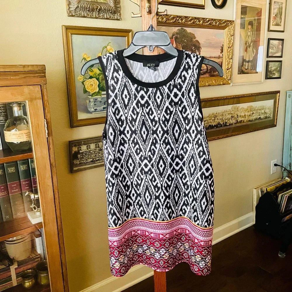 Alyx women’s sleeveless ikat stretch tunic top SZ M black white red - Picture 2 of 8